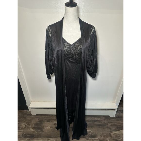 Vintage Slip Nightgown W Matching Overcoat Robe Black Set Size 38 Whimsigoth - Picture 8 of 15